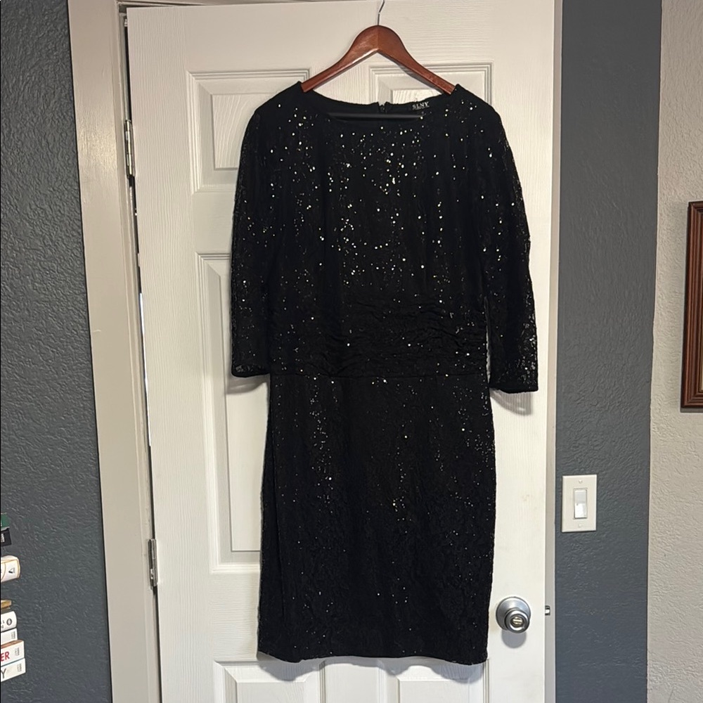 SLNY Black Sequin Sheath Dress 3/4 Sleeve Cocktail